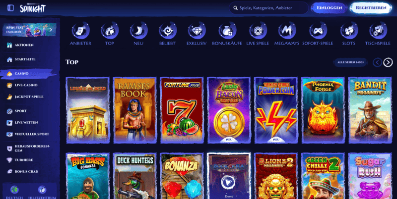 Startseite des Casinos Spinight Online
